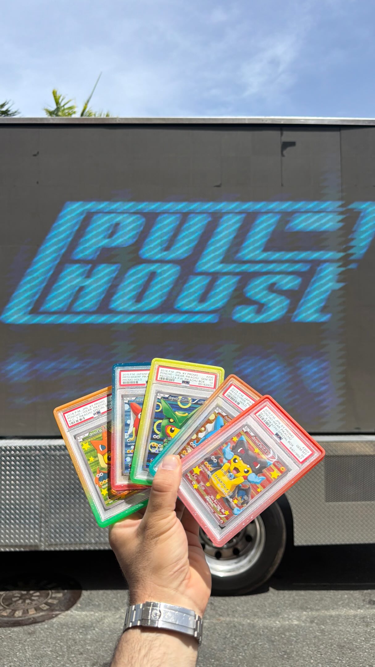 Cinco cartas Poncho graduadas frente al branding de Pull House Co.